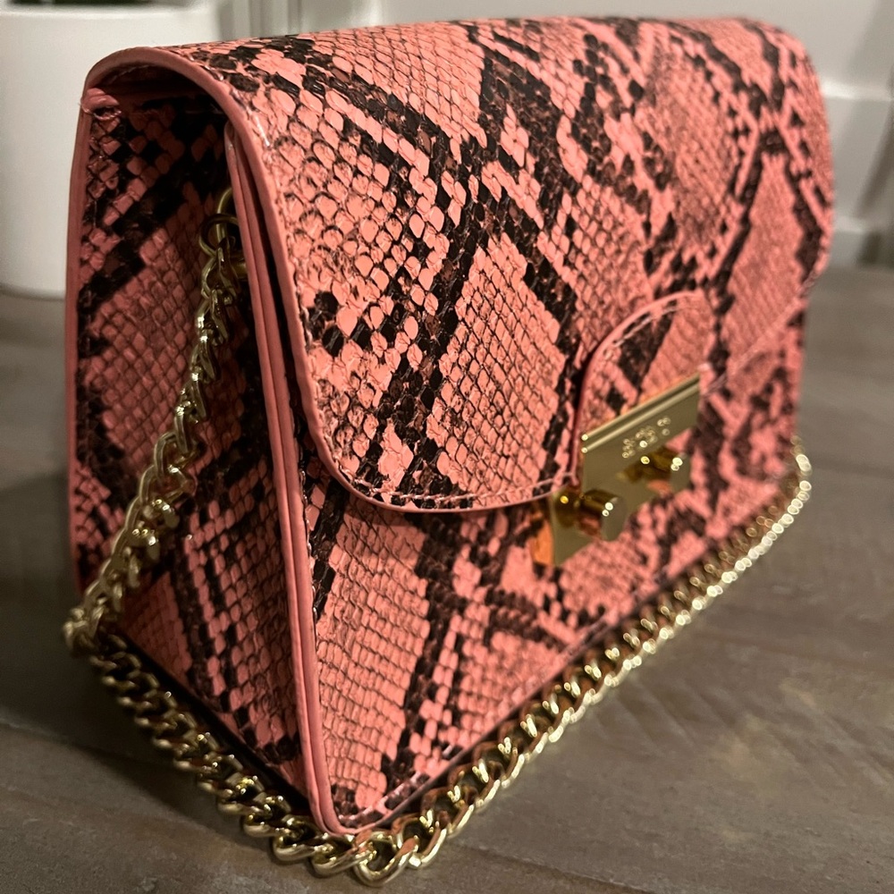 BCBG Salmon Pink & Black Snake Print Bag w/ Gold Chain Strap, Clasp